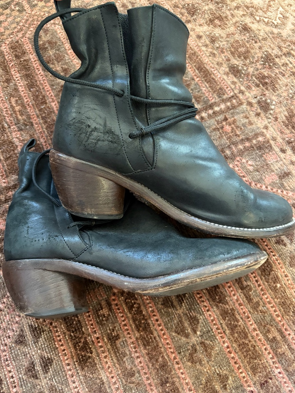 P. Monjo Black Leather Ankle Booties with Wrap Lace and Block Heel